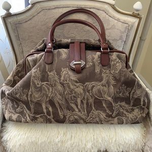 Women’s overnight bag canvas embossed with running horses leather trim